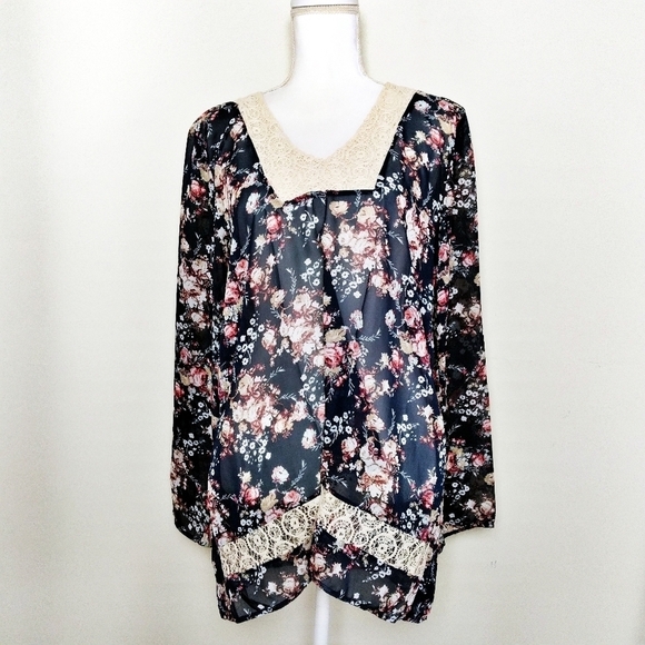 About A Girl Sheer Navy Floral Blouse Size Large - Picture 1 of 8